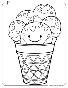 A smiling ice cream cone with heart-shaped scoops