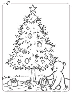 Small Christmas Tree Coloring Page | Bear Cub Playing by a Tiny Tree With Baubles and a Star