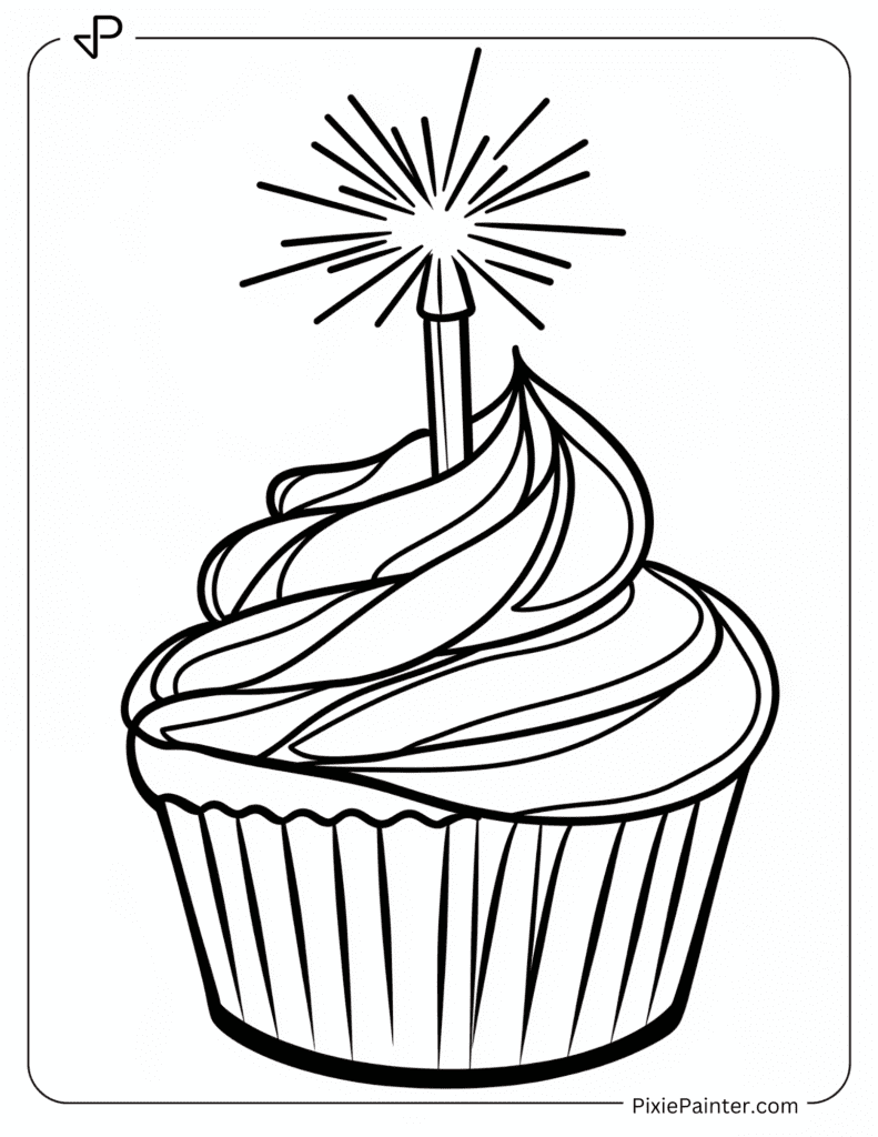 Happy New Year Coloring Page - Cupcake Topped With A Sparkler