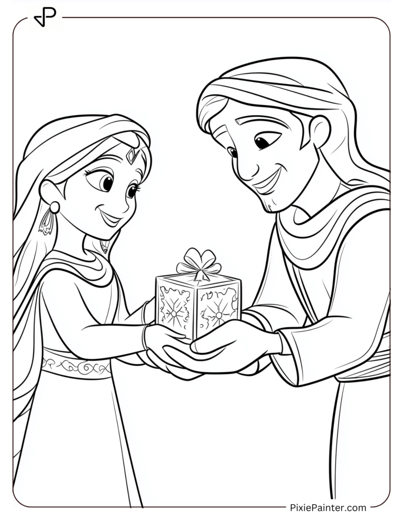 Disney Princess Jasmine giving Abu a small Christmas present