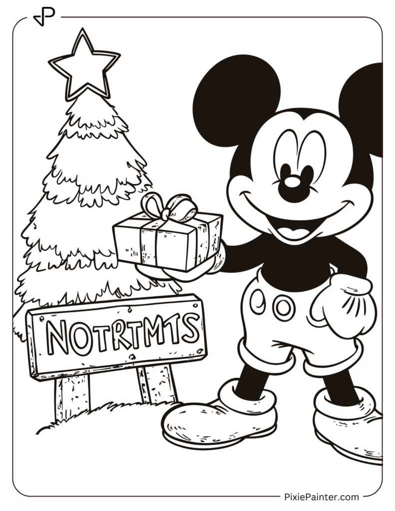 Mickey Mouse standing near a North Pole sign, holding a gift box