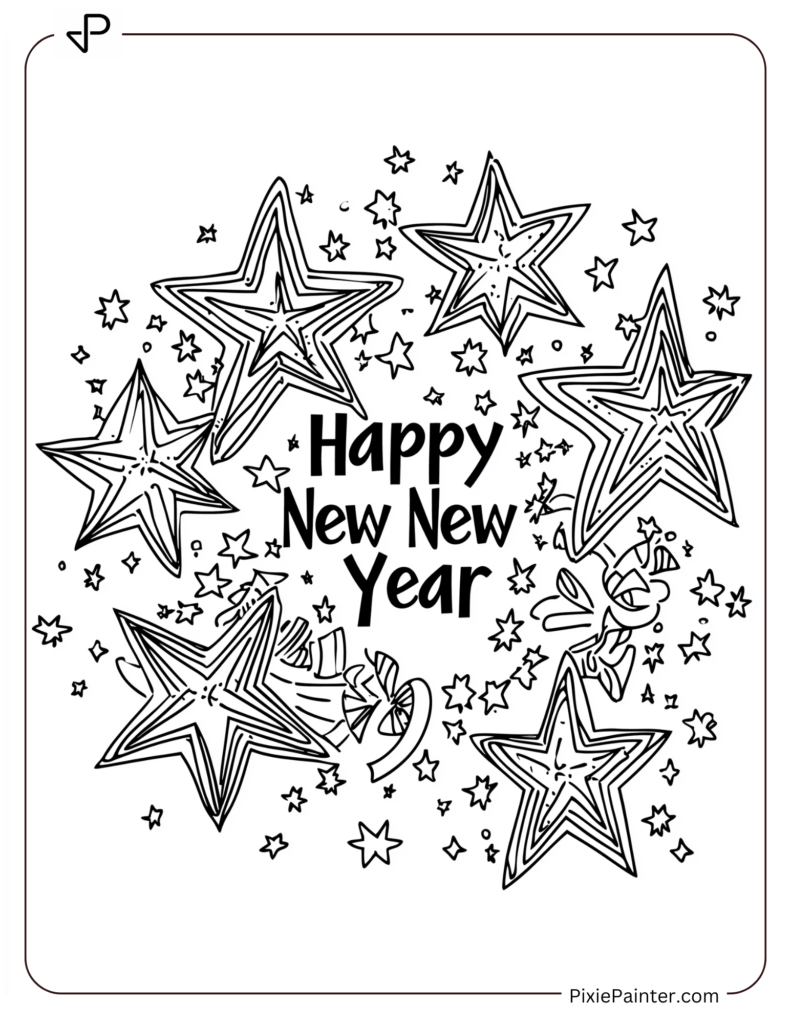 New Year Coloring Pages For Kids - Twinkling Stars With "Happy New Year" In The Center.