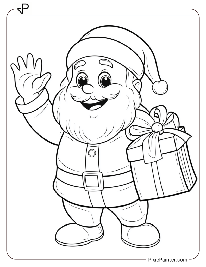 Christmas Coloring Page For Kids - Santa Waving With A Big Smile