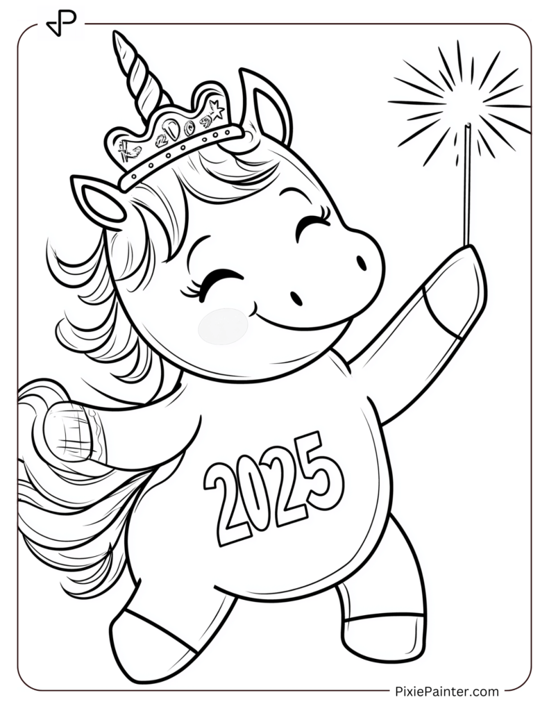 Coloring Page of A Dancing Unicorn With a _2025_ Tiara and Sparkler in Hand