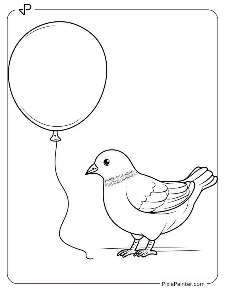 A pigeon playing with a balloon on a string