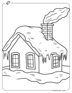 A snow-covered house with a chimney