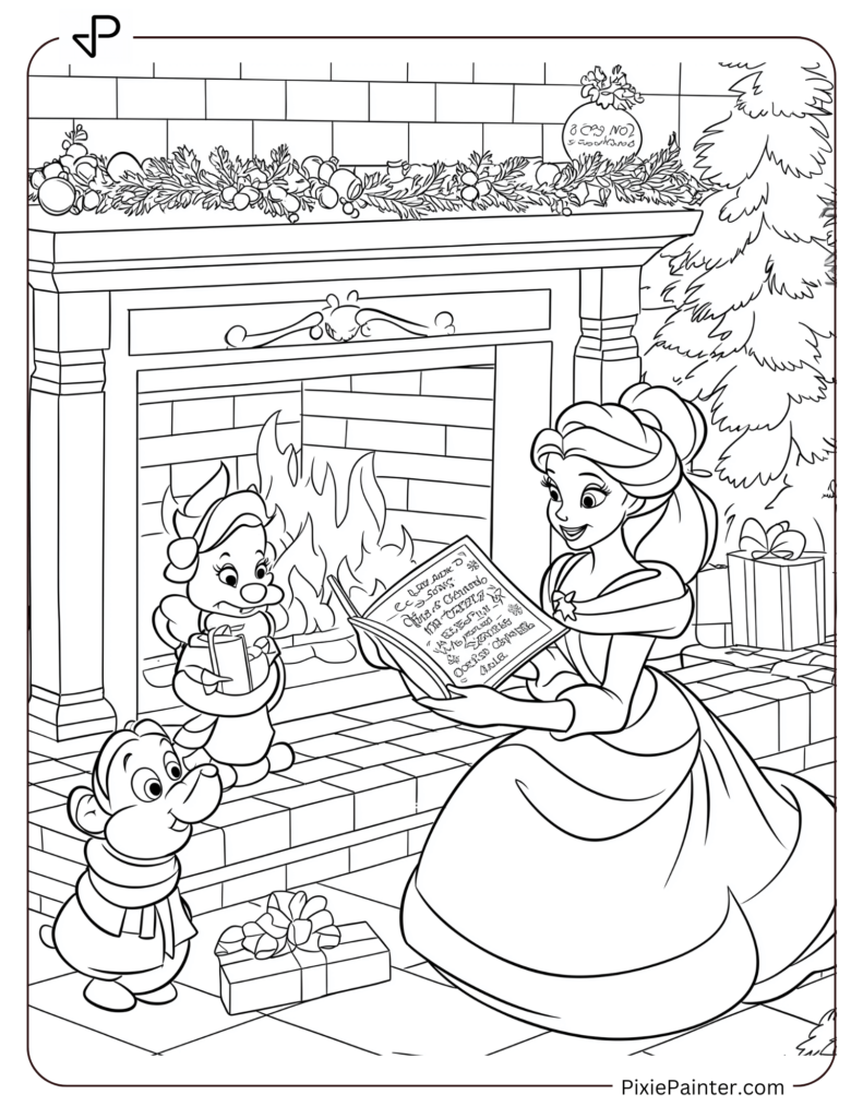 Disney Princess Belle reading a Christmas story to Chip and Mrs. Potts by the fireplace