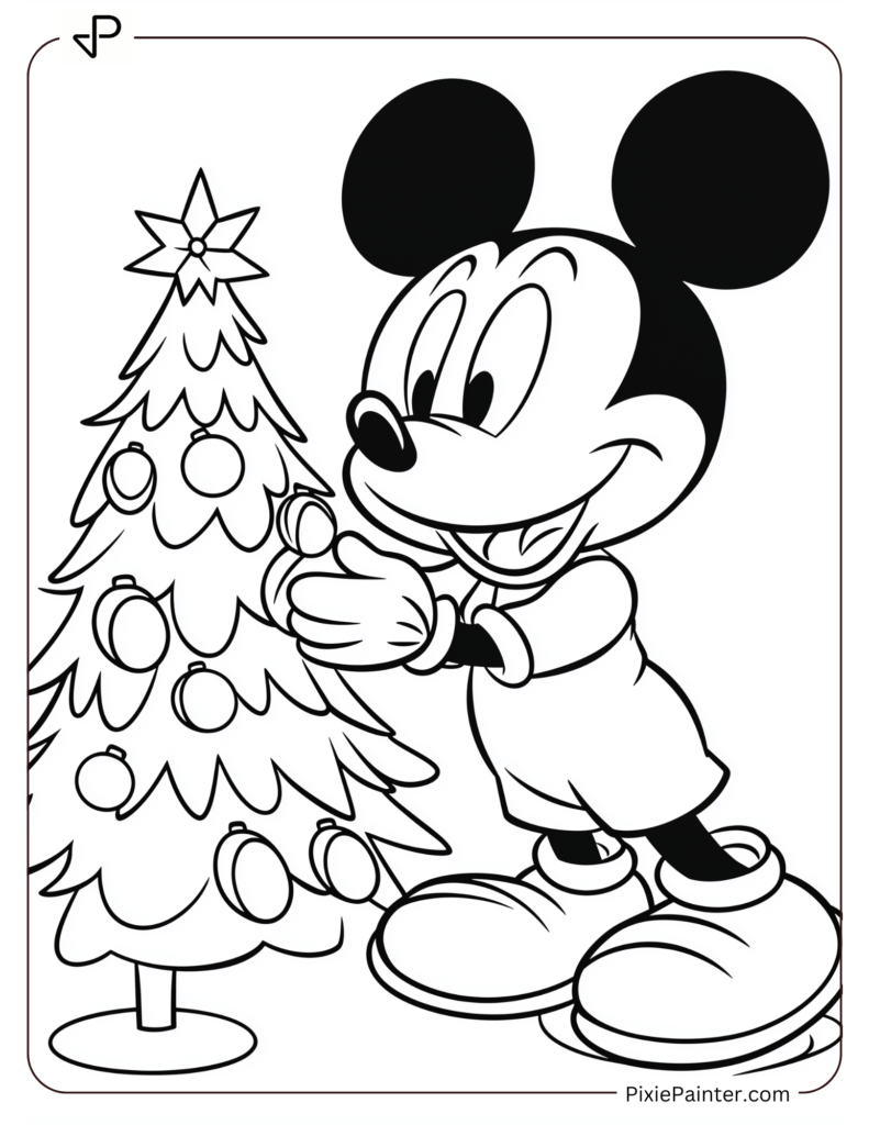 Mickey Mouse decorating a Christmas tree with colorful ornaments