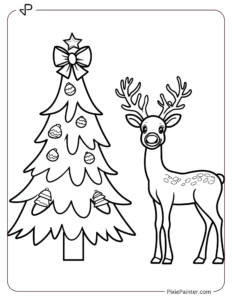 Reindeer Beside a Little Christmas Tree With a Bow coloring page