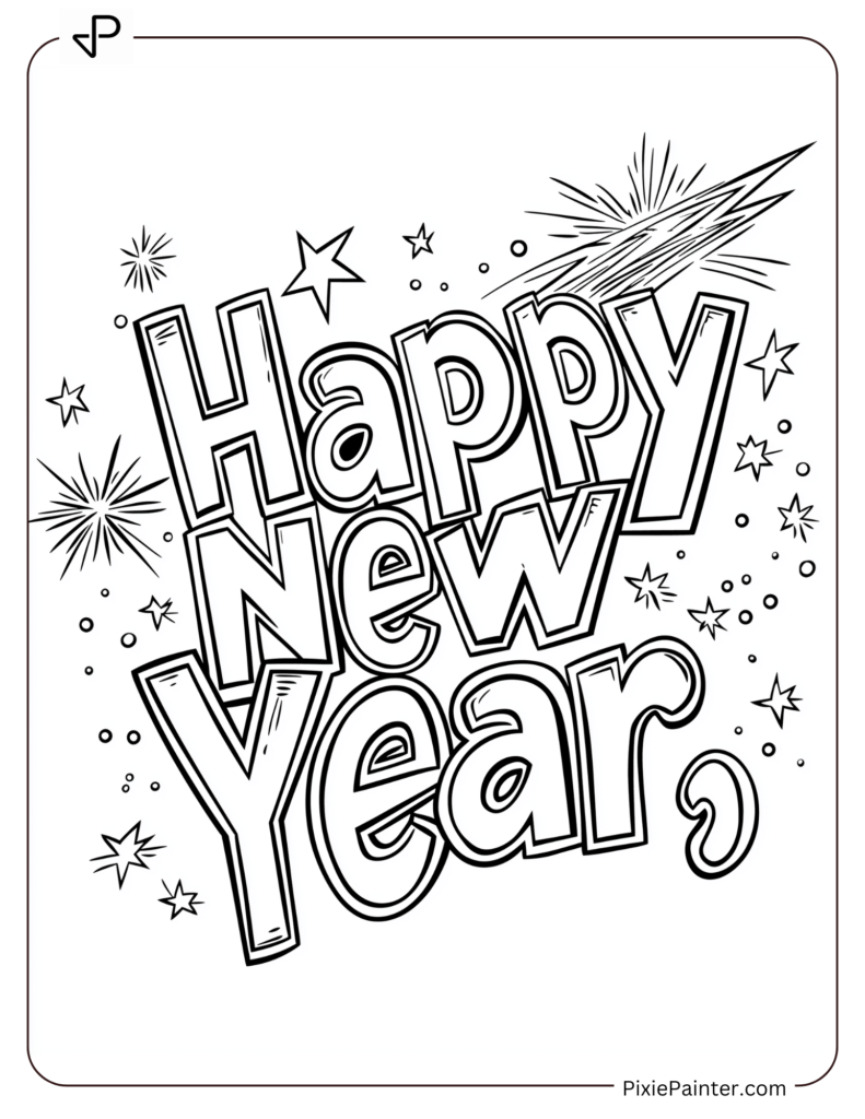 New Year Coloring Pages For Kids - Shooting Star Spelling Out "Happy New Year."