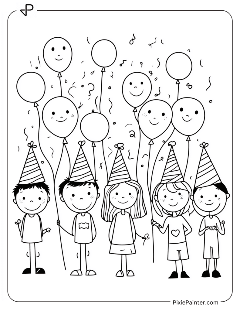 Happy New Year Coloring Page - Smiling Kids In Party Hats Holding Balloons