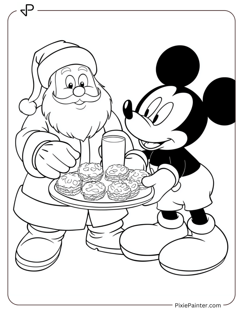 Christmas Coloring Page For Kids - Santa And Mickey Sharing Cookies