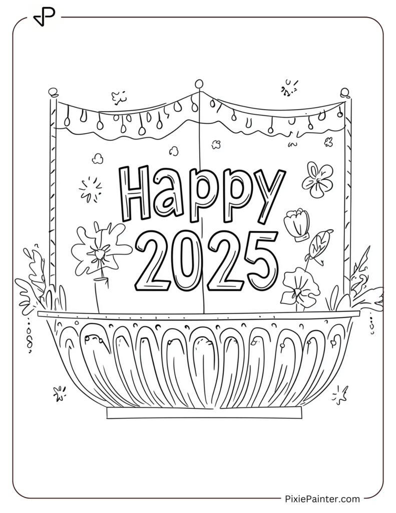 Coloring Page of A Parade Float Displaying _Happy 2025_ in Bold Letters