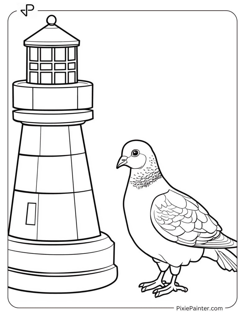 A pigeon standing beside a toy lighthouse