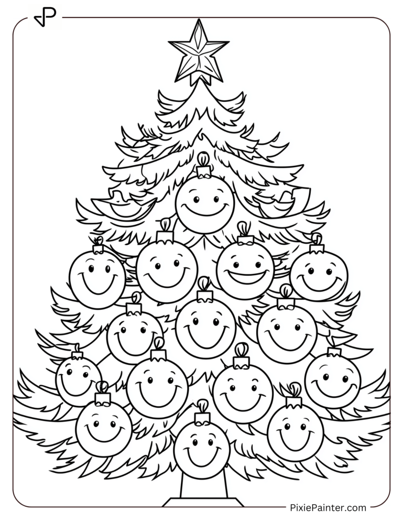 Christmas tree with smiley face ornaments