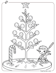 Small Christmas Tree Coloring Page | Elf Sitting Beside a Tree With Baubles and a Candy Cane