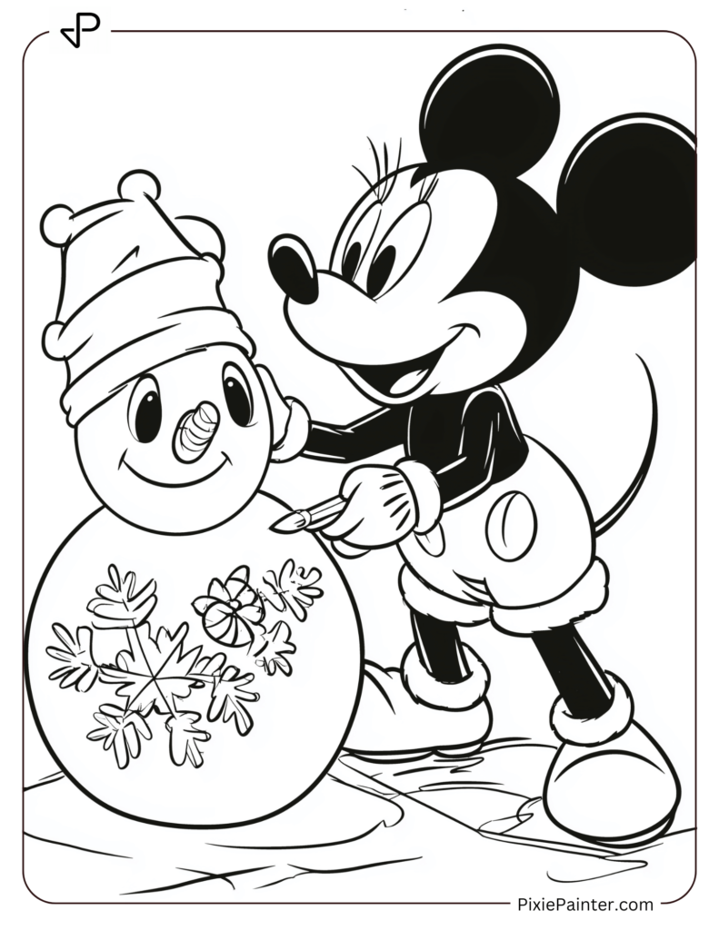 Mickey Mouse painting festive designs on a snowman