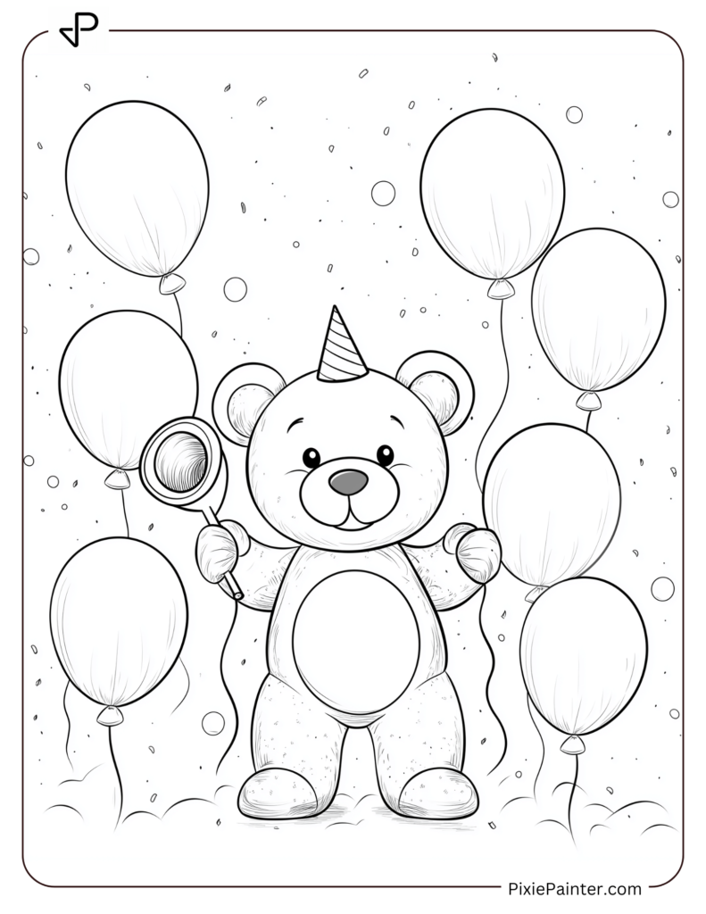 New Year Coloring Pages For Kids - Teddy Bear Holding A Party Horn Surrounded By Balloons.