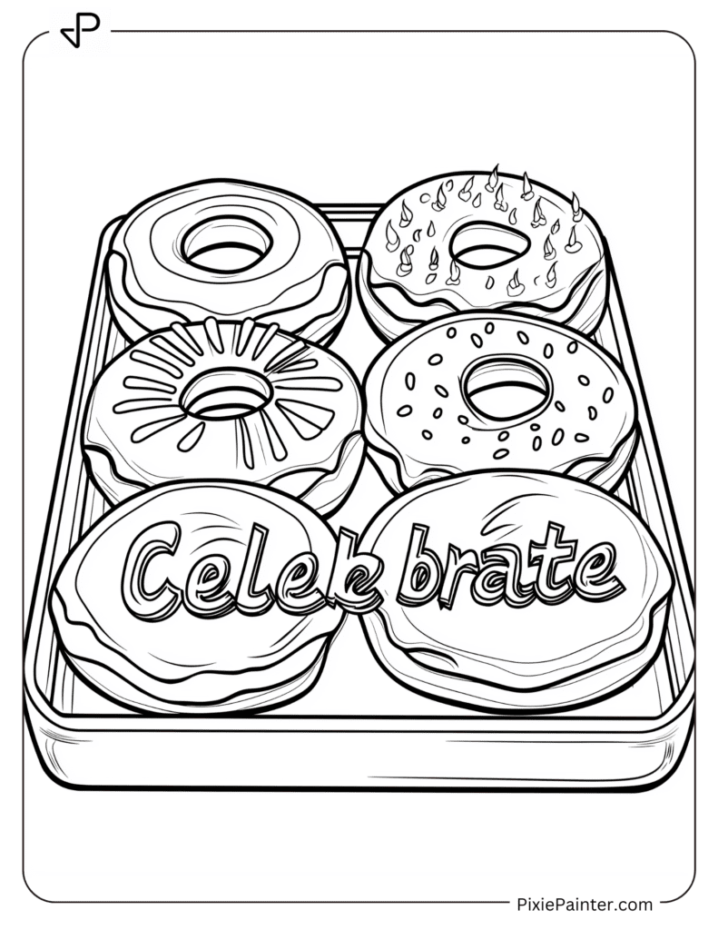 Happy New Year Coloring Page Where Tray Of Donuts With “Celebrate” Icing is Present