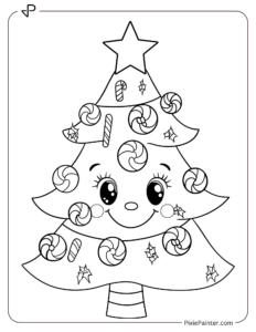 Christmas Coloring Page For Kids - Whimsical Tree With Candy Cane