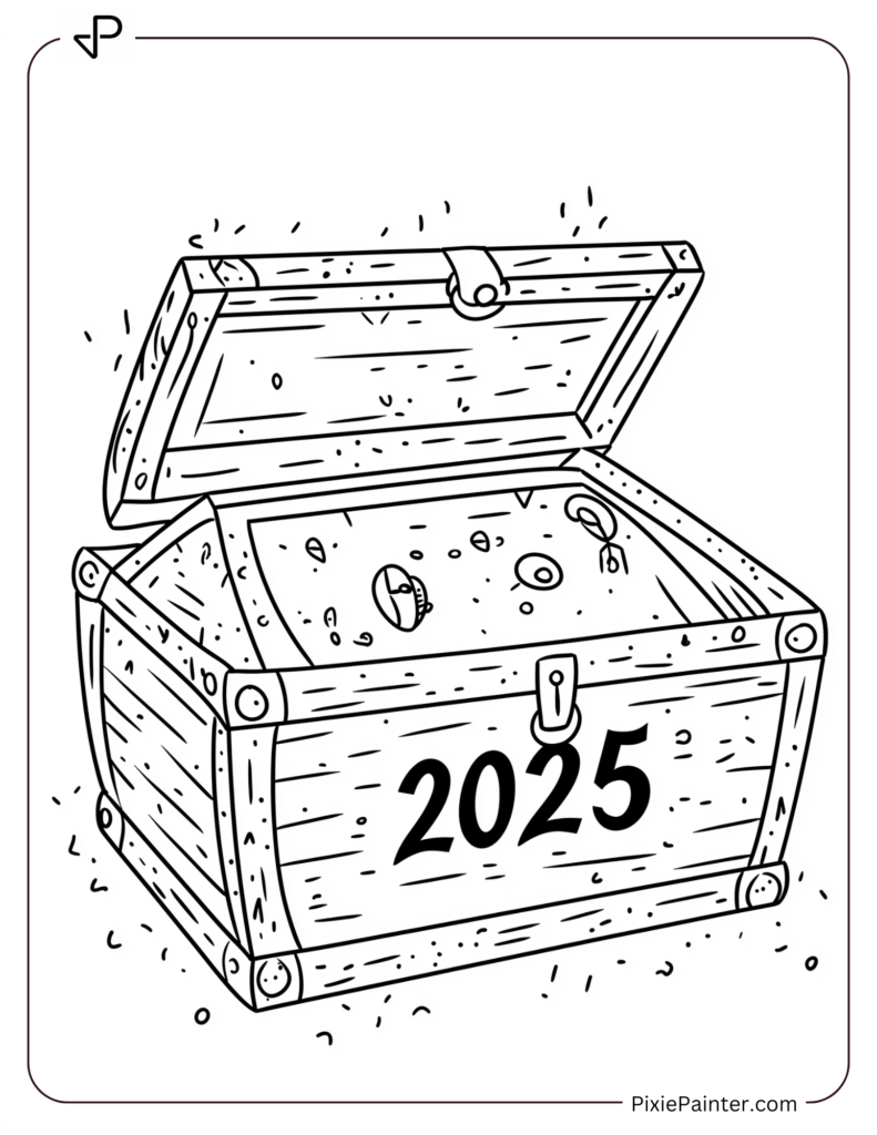 Coloring Page of A Treasure Chest With _2025_ Glowing on the Lid