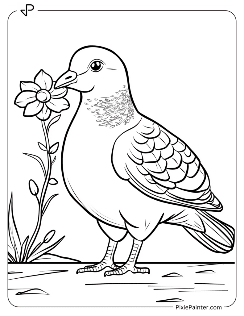 A pigeon standing beside a flower