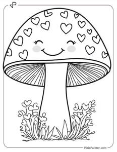 A smiling mushroom with hearts on its cap