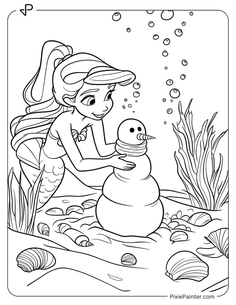 Disney Princess Ariel building a tiny snowman underwater using sand and shells