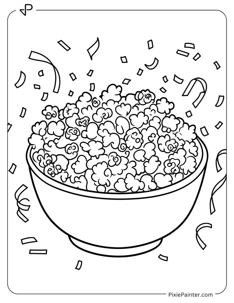 Happy New Year Coloring Page of Bowl Of Popcorn With Confetti