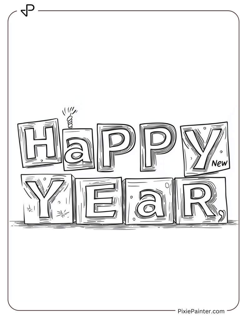 New Year Coloring Pages For Kids - Building Blocks Spelling "Happy New Year."