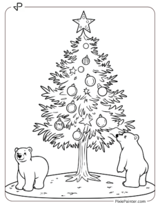 Small Christmas Tree Coloring Page | Polar Bear Next to a Tree With Just Baubles and a Star