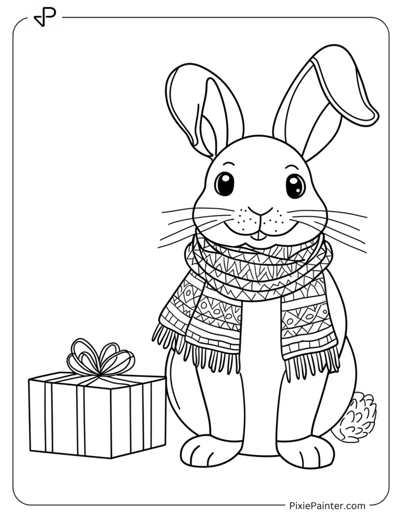 Christmas Coloring Page For Kids - Bunny With Scarf And Gift Box