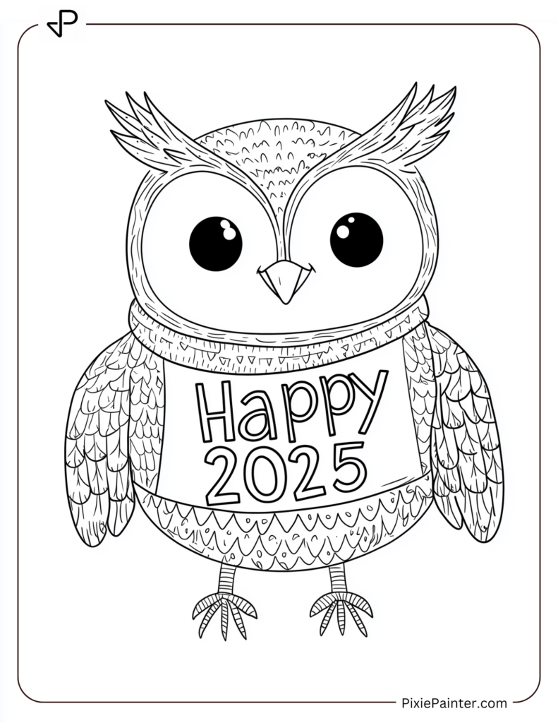 Coloring Page of A Cheerful Owl Sporting a _Happy 2025_ Scarf