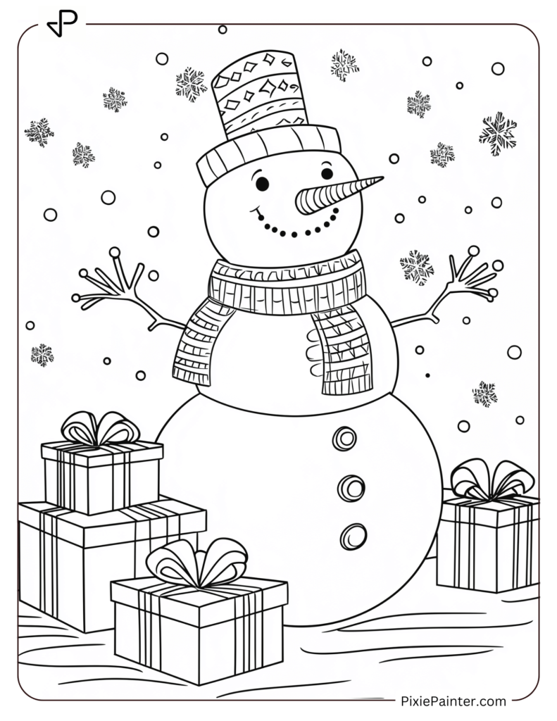 A snowman surrounded by stacked presents