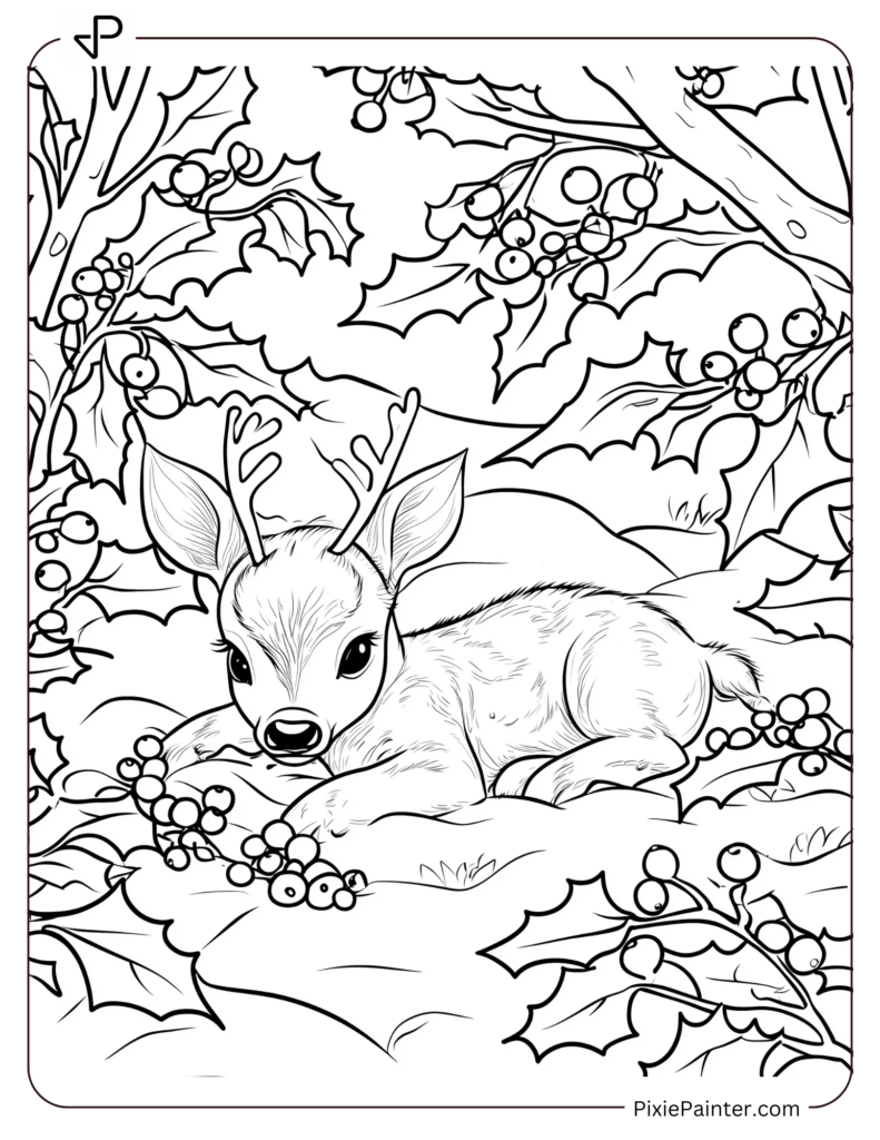 22. Baby Reindeer Resting Among Holly and Leaves