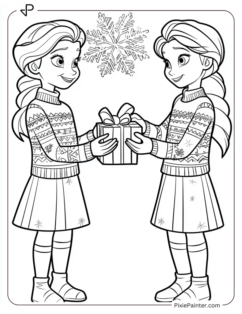 Disney Princess Elsa and Anna wearing festive sweaters and exchanging gifts