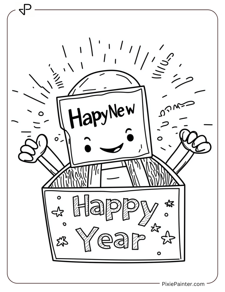 New Year Coloring Pages For Kids - Jack-In-The-Box Popping Out With A "Happy New Year" Sign.