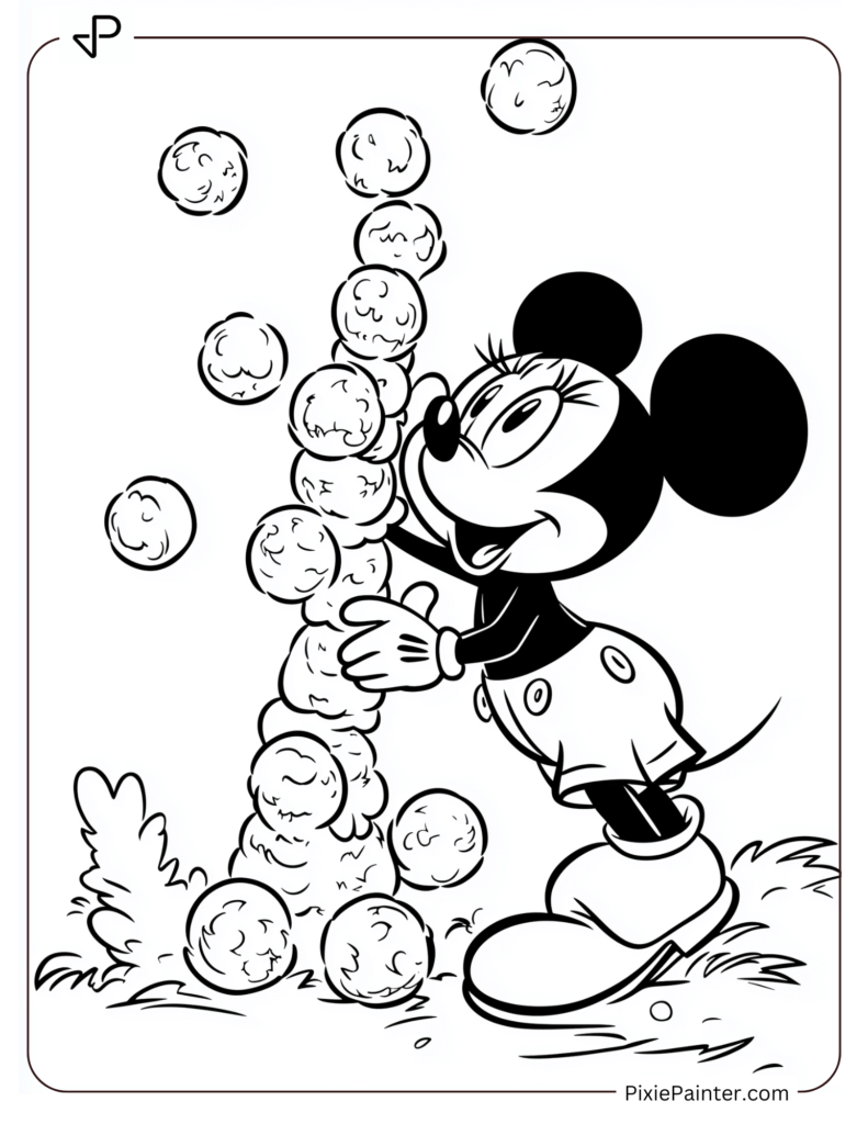 Mickey Mouse creating snowball towers for a snowball fight