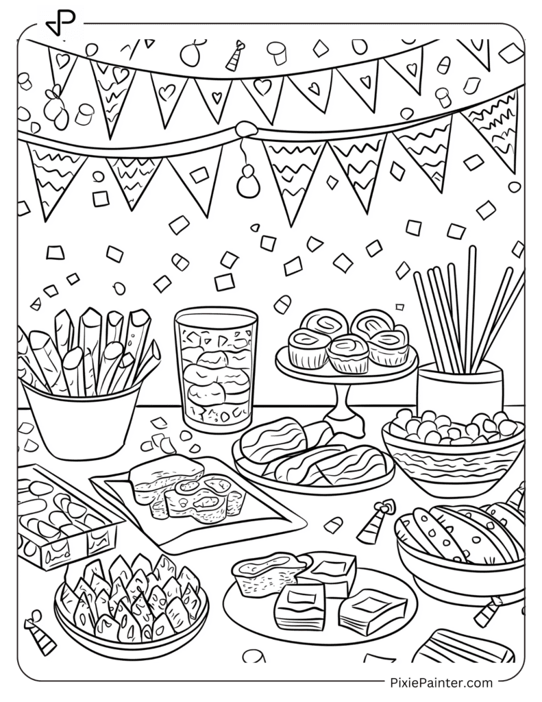 Happy New Year Coloring Page of Party Table With Snacks And Decor