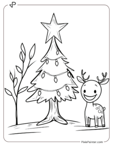 Small Christmas Tree Coloring Page | Smiling Reindeer Beside a Tree With a Star and Lights