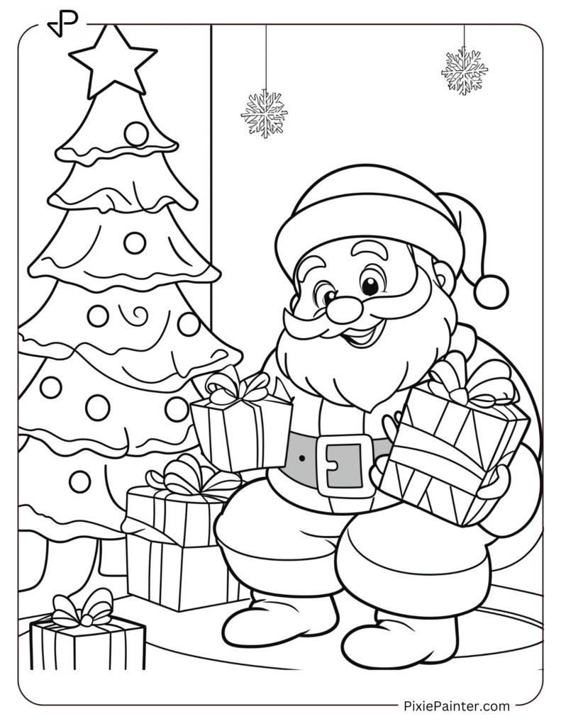 Christmas Coloring Page For Kids - Santa With Tree And Wrapped Gift