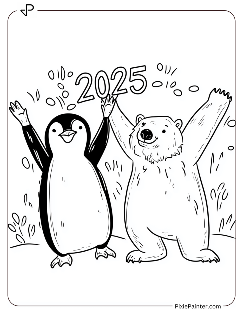 Coloring Page of A Penguin and Polar Bear Celebrating With _2025