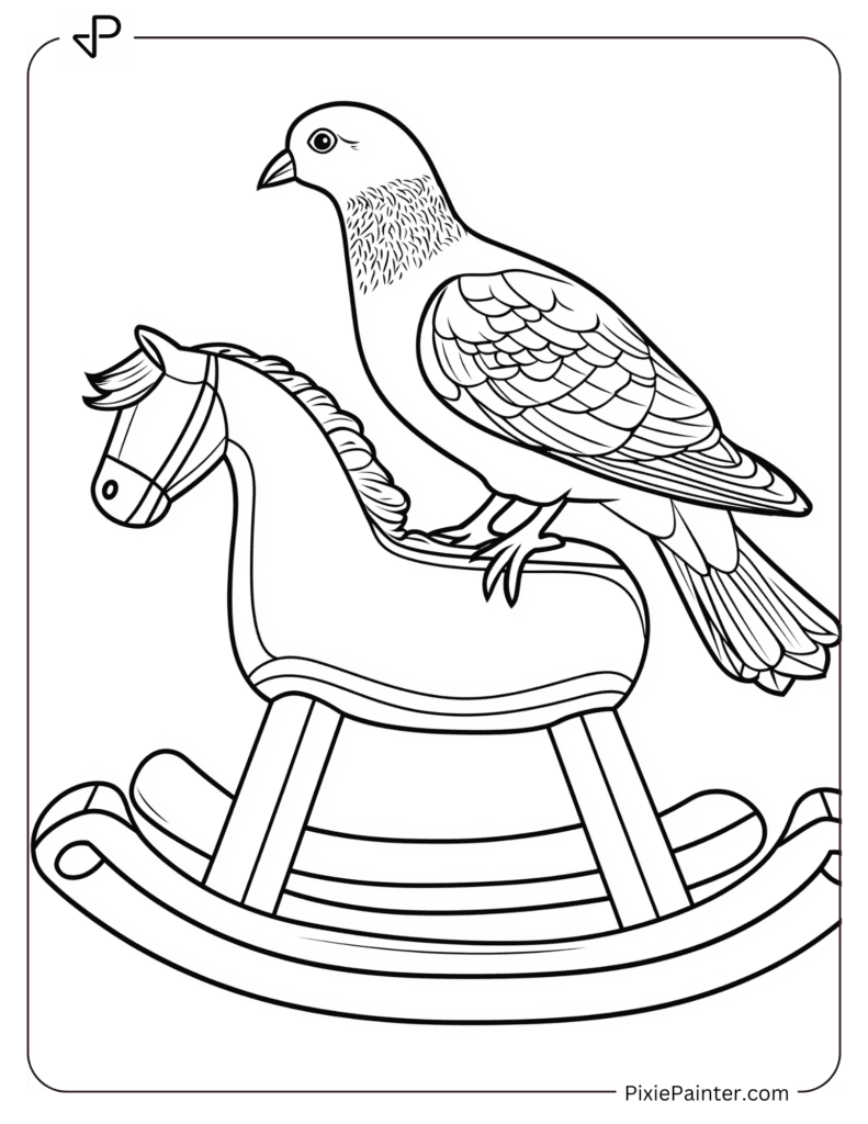 A pigeon perched on a rocking horse