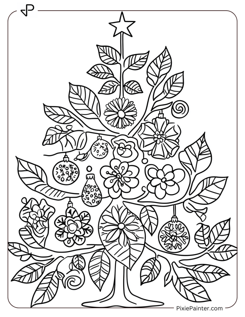 Christmas tree with flower and leaf ornaments