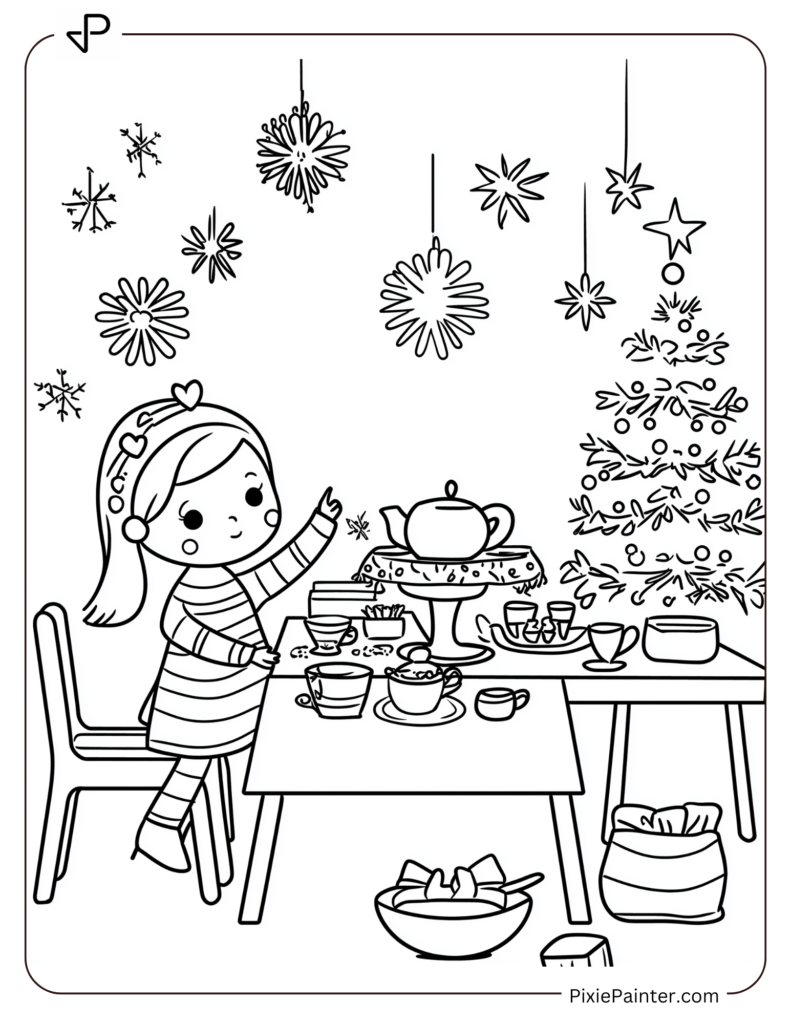 New Year Coloring Pages For Kids - Doll At A Tea Party Table Decorated For New Year.