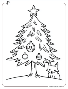 Small Christmas Tree Coloring Page | Fox Peeking Behind a Tree With One Star and Ornament