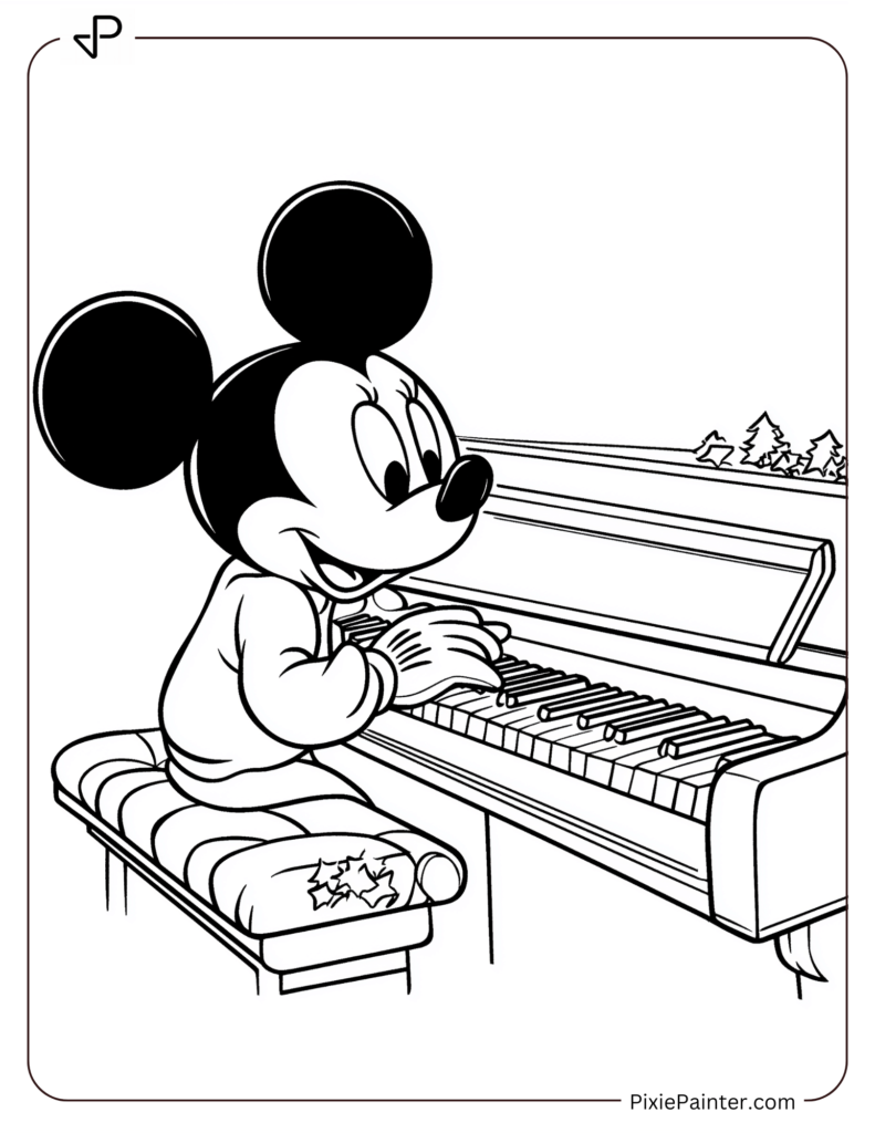 Mickey Mouse playing a Christmas tune on a piano