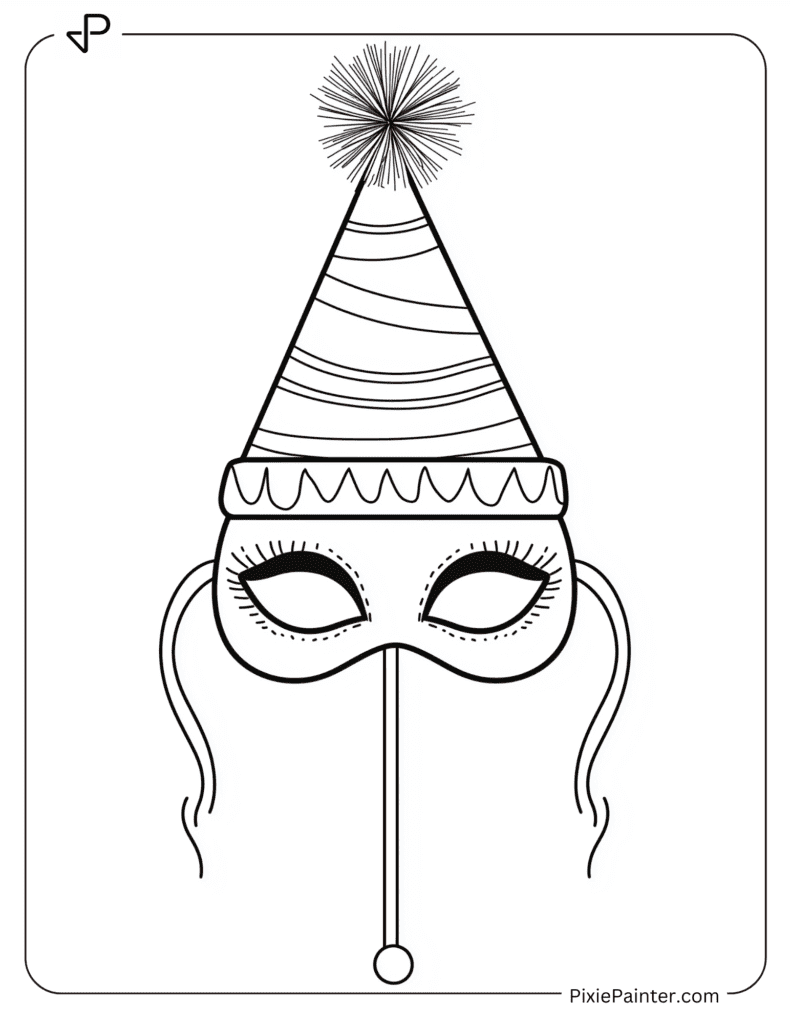 Happy New Year Coloring Page - Simple Mask And Party Hat