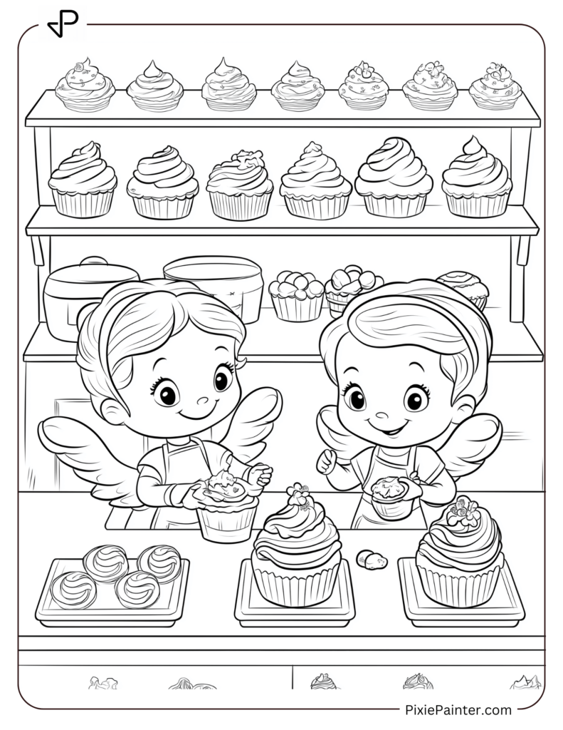 Christmas Coloring Page For Kids - Angels Baking Cookies And Cupcakes