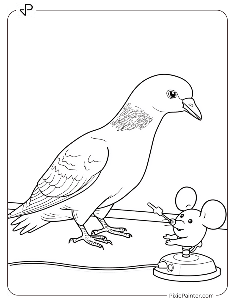 A pigeon playing with a toy wind-up mouse